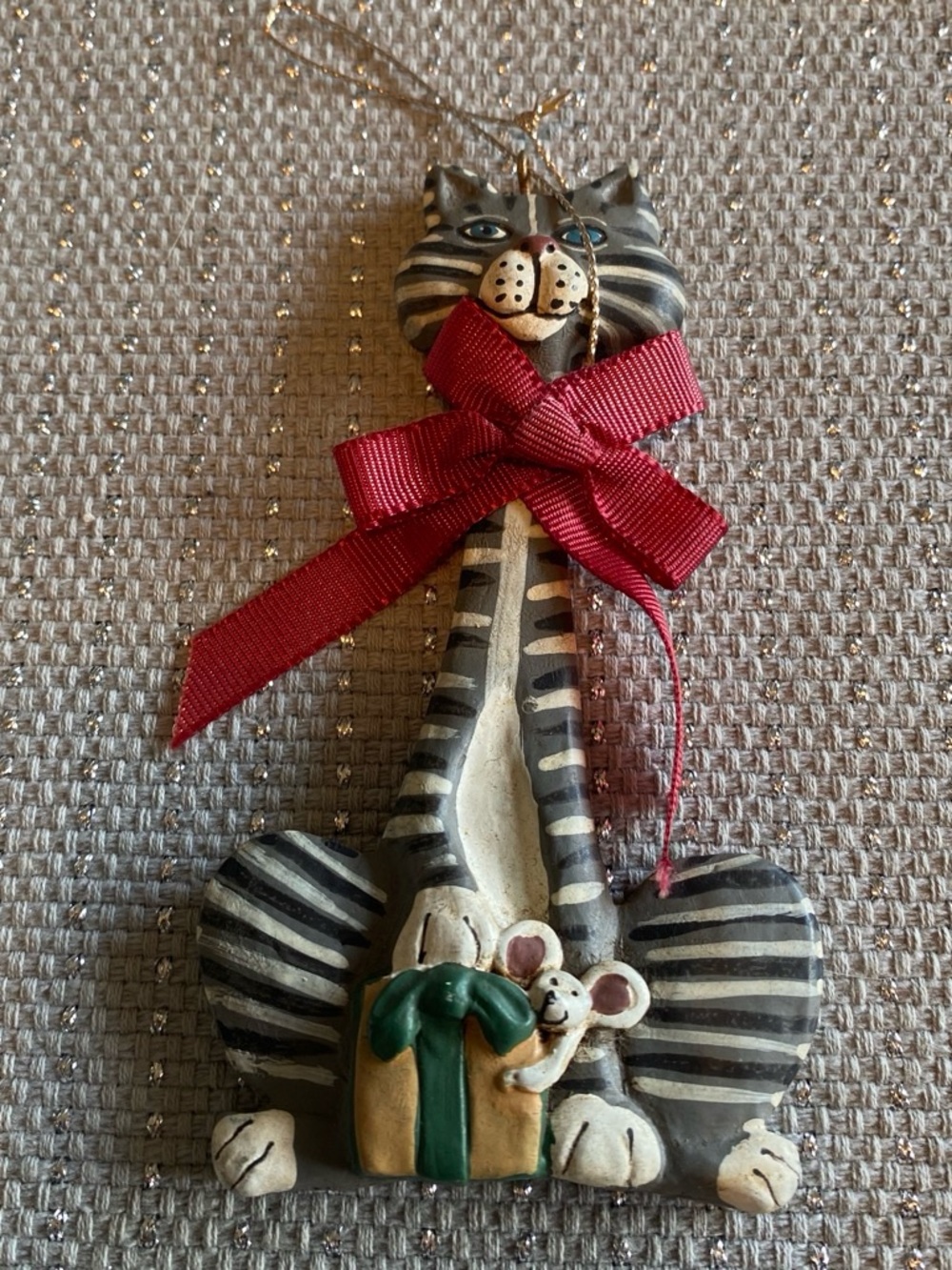 Gray Tabby Cat Ornament with Red Bow and Gift Accent